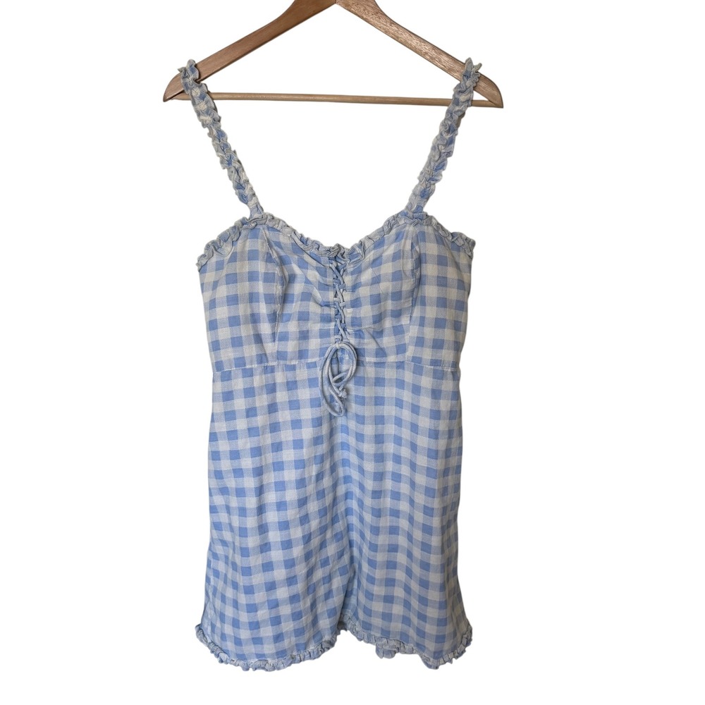 Urban Outfitters Gingham Mini Dress Womens L Blue White Excellent Ruffle Lace Up